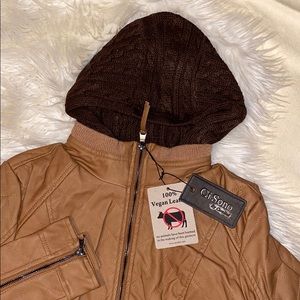 Tan Faux Leather Jacket with Cable Knit Hood